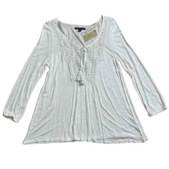 American Eagle NWT Embroidered Long-Sleeve Tunic Women's Cream XS Tasseled Boho - Picture 4 of 6